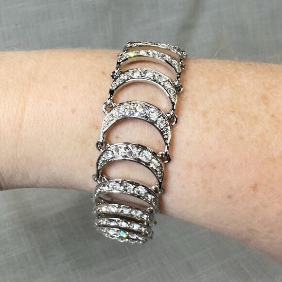 Vintage Monet Silver Tone Crescent Moon Rhinestone Bracelet - Picture 2 of 10